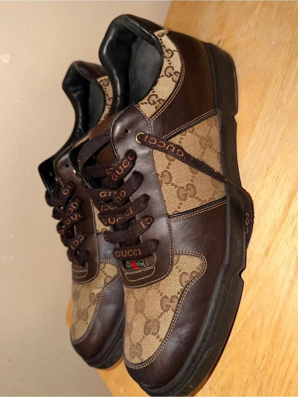 Gucci Men’s Brown GG Canvas & Dark Brown Leather Sneakers with Green-Red Web